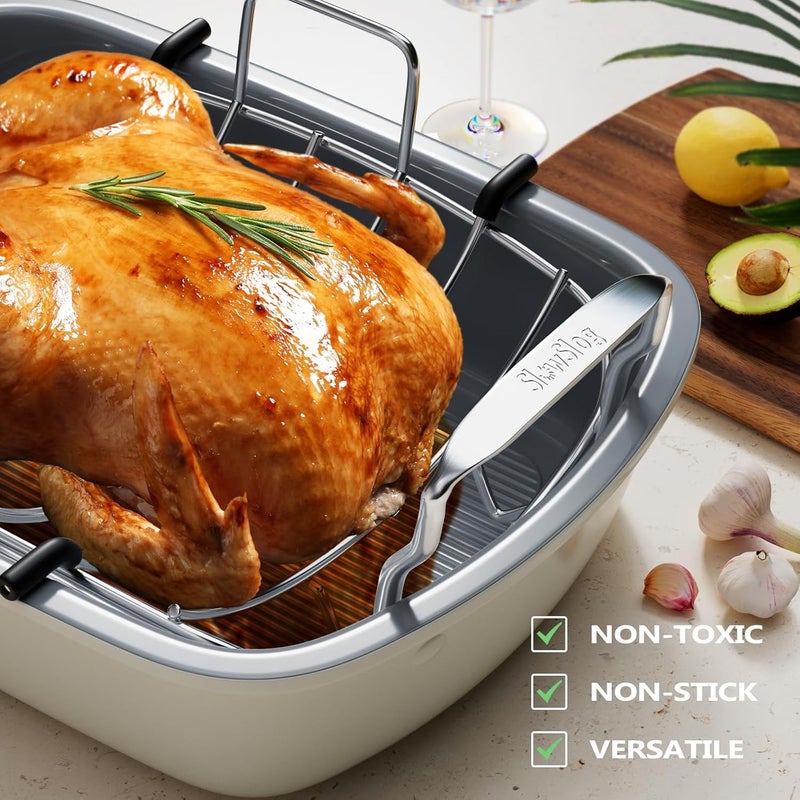 Slow Slog Nonstick Turkey Roasting Pan with Rack, 17 x 13 Inch Turkey Pan, large roaster pan for Meat & Vegetable, White - Image 2